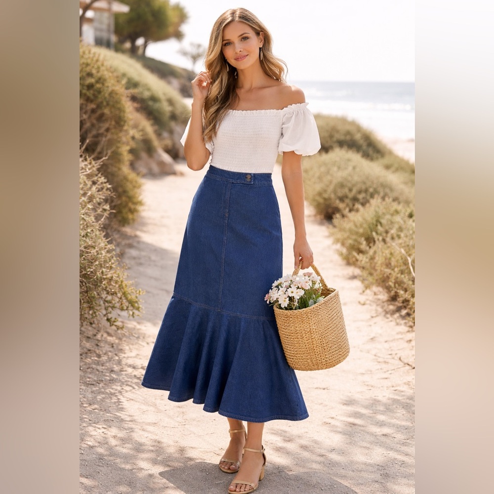 Y2K Denim Maxi Skirt 16 Flounce Cottagecore Prairie Modest Feminine Soft Classic